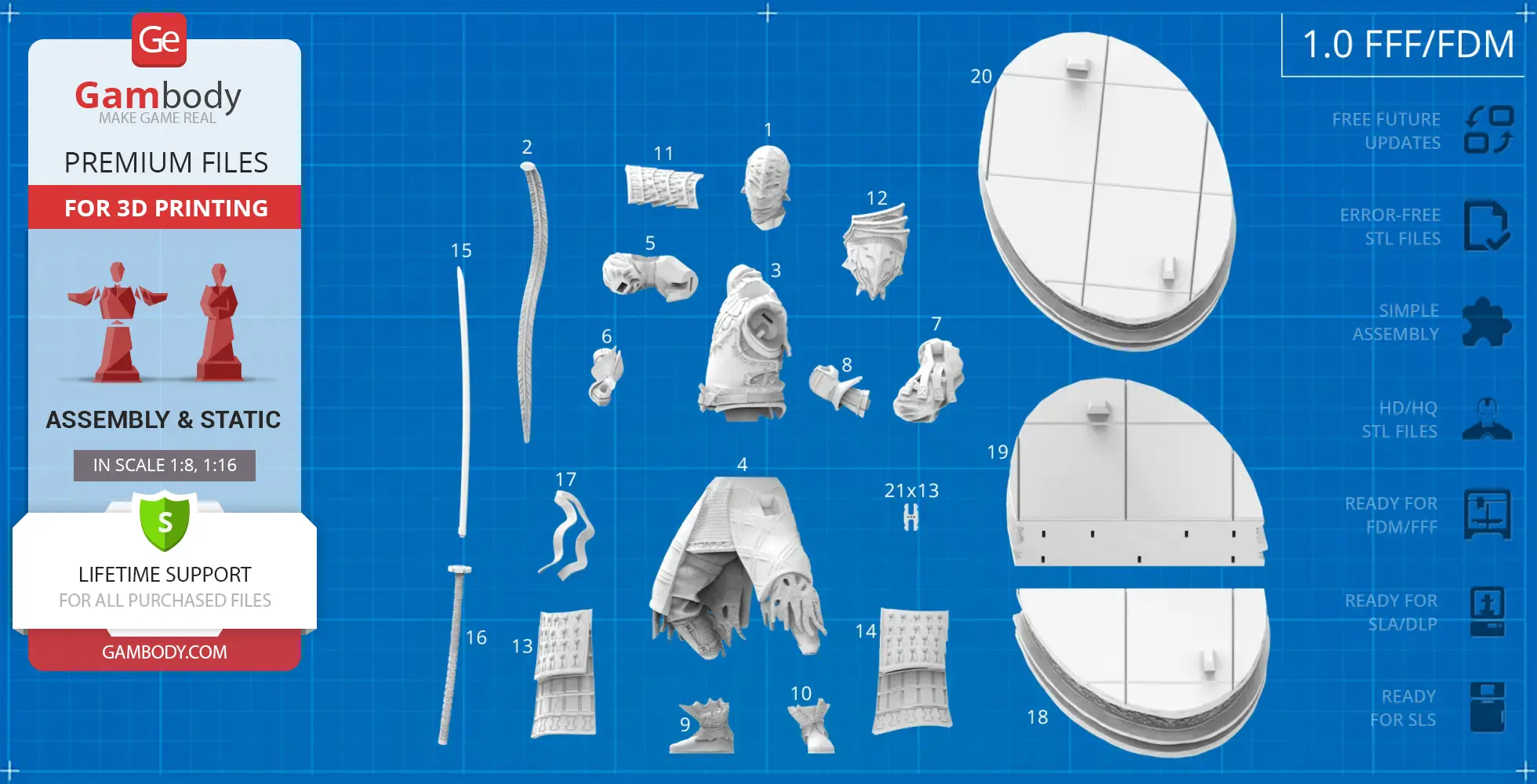 Assorted 3D-printed parts for assembling Sir Alonne model, featuring torso, armor, and base components.
