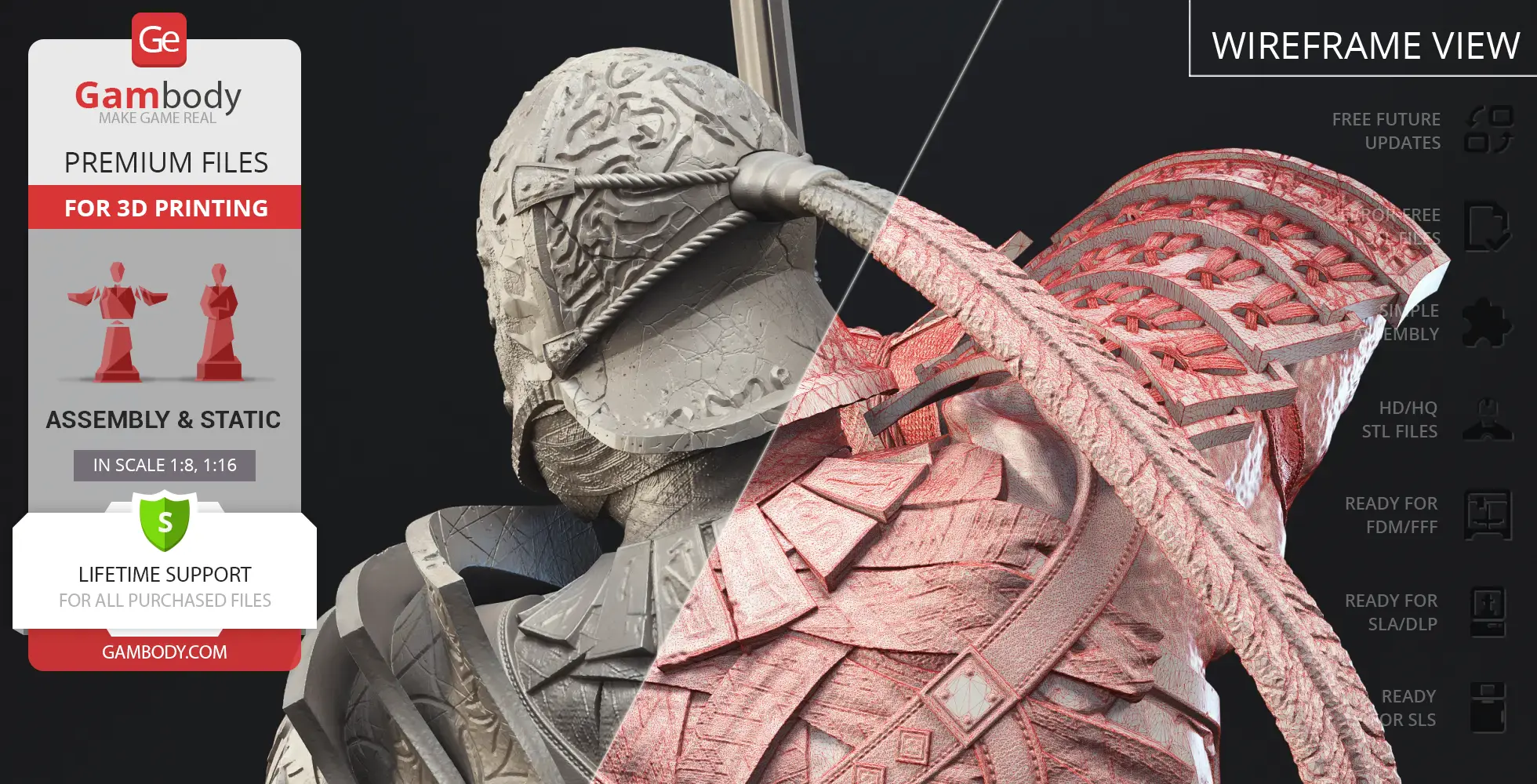 A split view of a detailed 3D model of Sir Alonne in armor, showing texture and wireframe design.