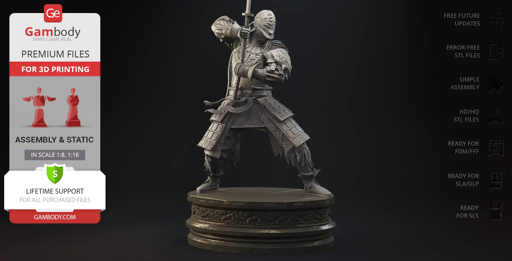 A detailed 3D model of an armored warrior with a sword, ready for 3D printing.