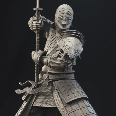 A detailed armored knight posed with a sword on a decorative round base.