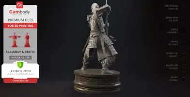 A detailed 3D model of a warrior in ornate armor, posed holding a sword, on a decorative base.