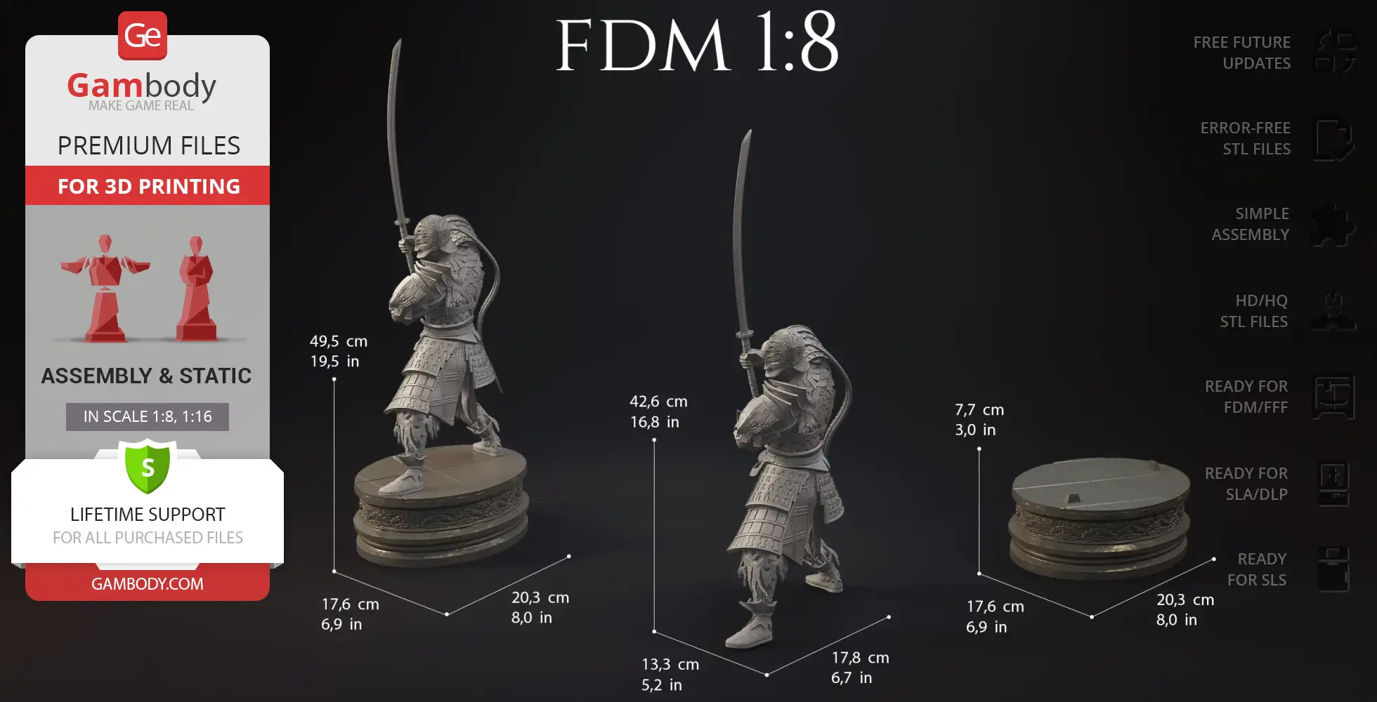 A detailed 3D model of an armored warrior with a raised sword, ready for 3D printing.