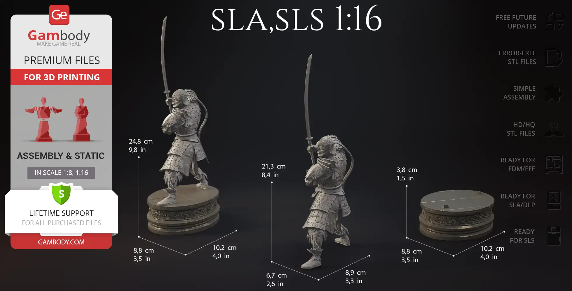 A samurai warrior statue with detailed armor and a raised sword, shown with dimensions for 3D printing.