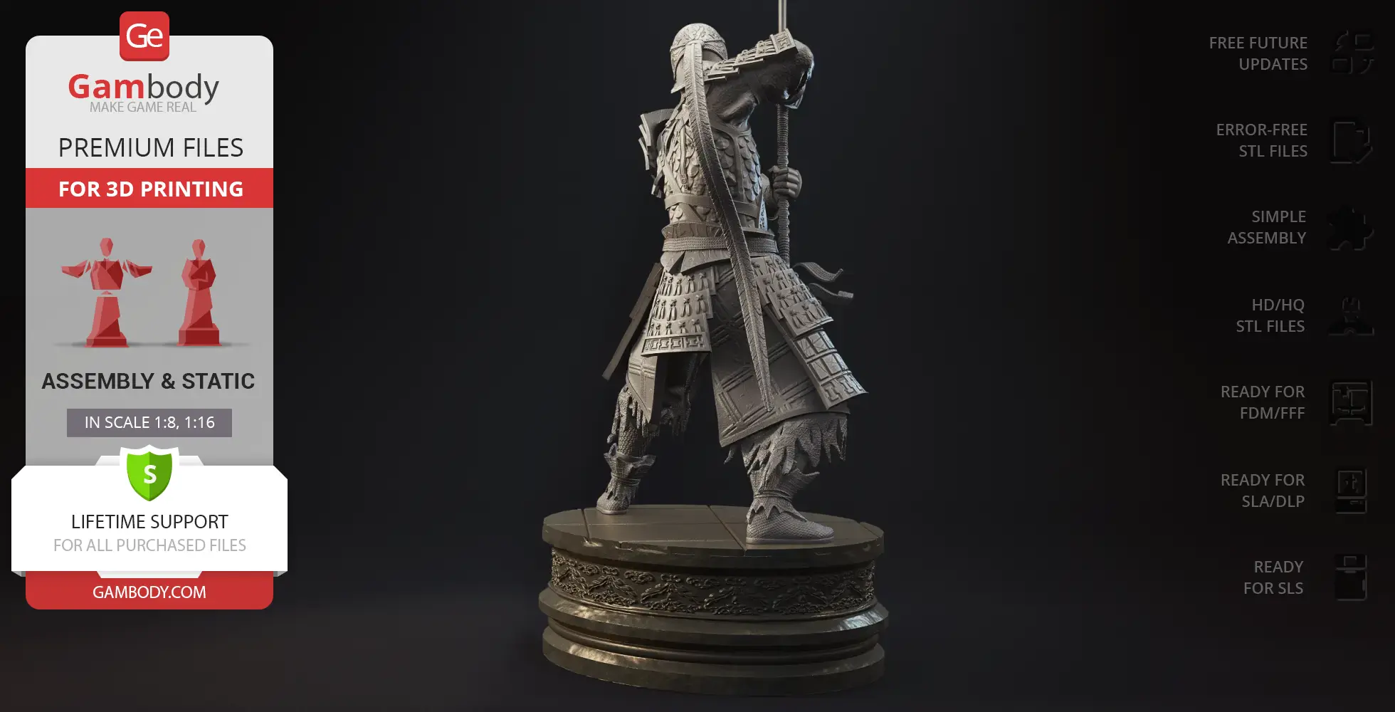 A detailed 3D model of a warrior in ornate armor, posed holding a sword, on a decorative base.