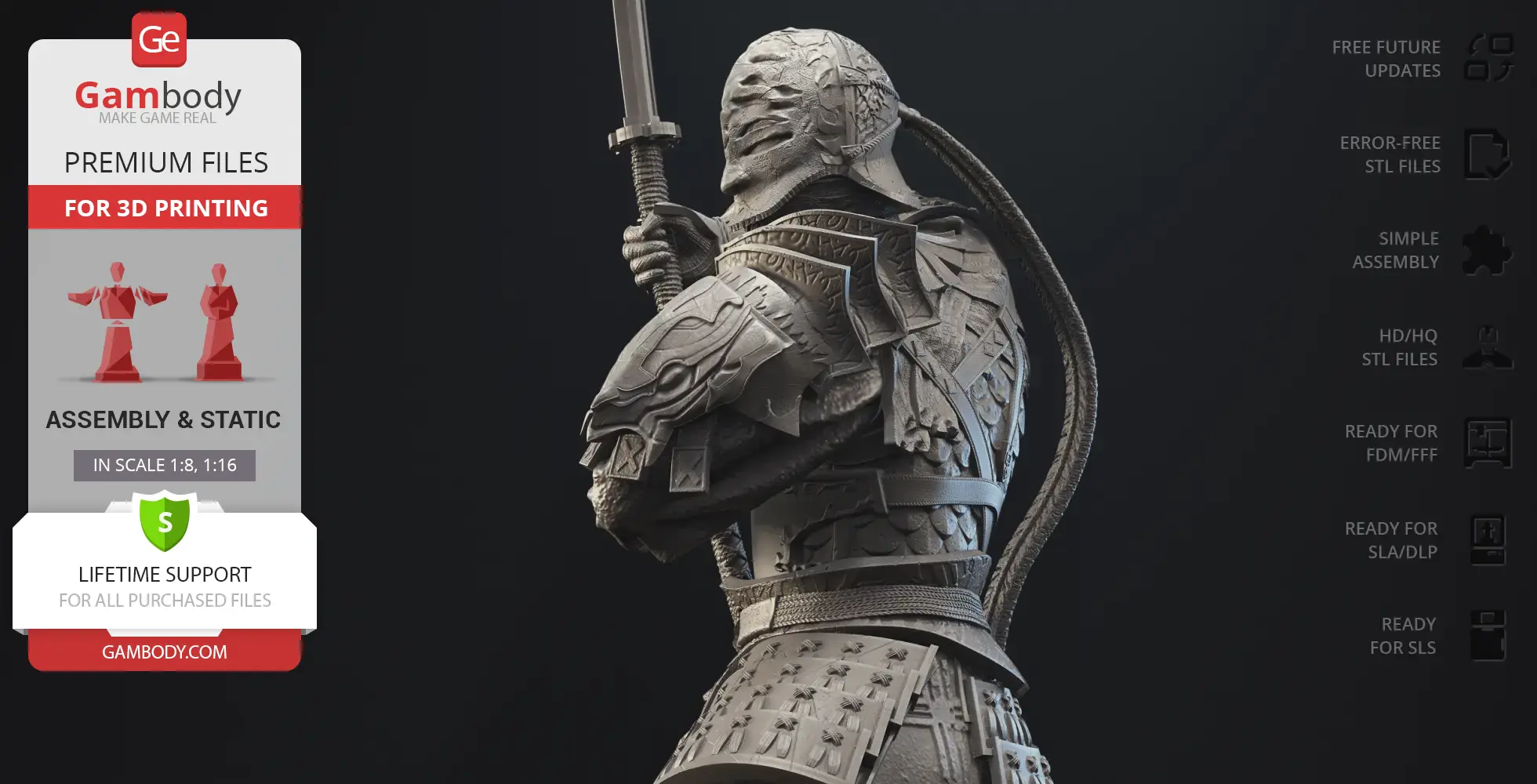 A detailed 3D-printed knight in ornate armor, wielding a sword with both hands, viewed from the side.
