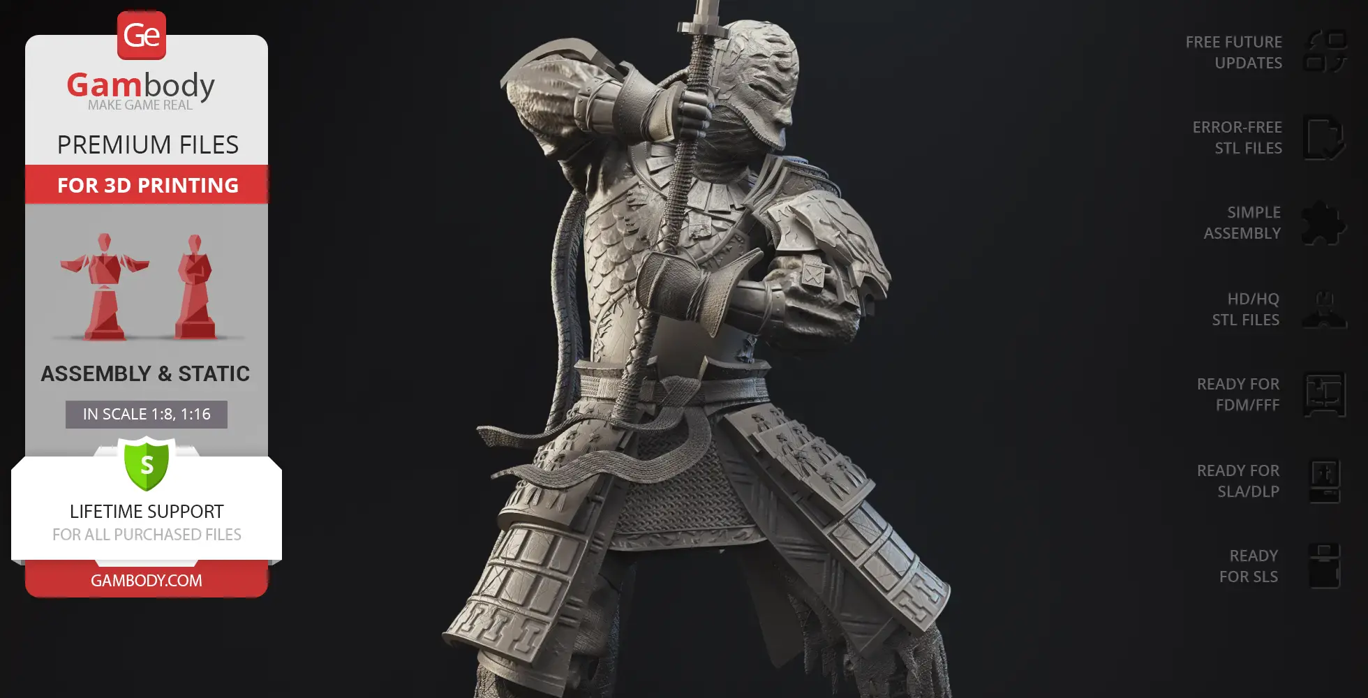 A detailed 3D model of an armored knight in a battle pose, holding a sword.