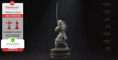 Detailed 3D model of armored warrior, Sir Alonne, wielding a katana, on a decorative base.