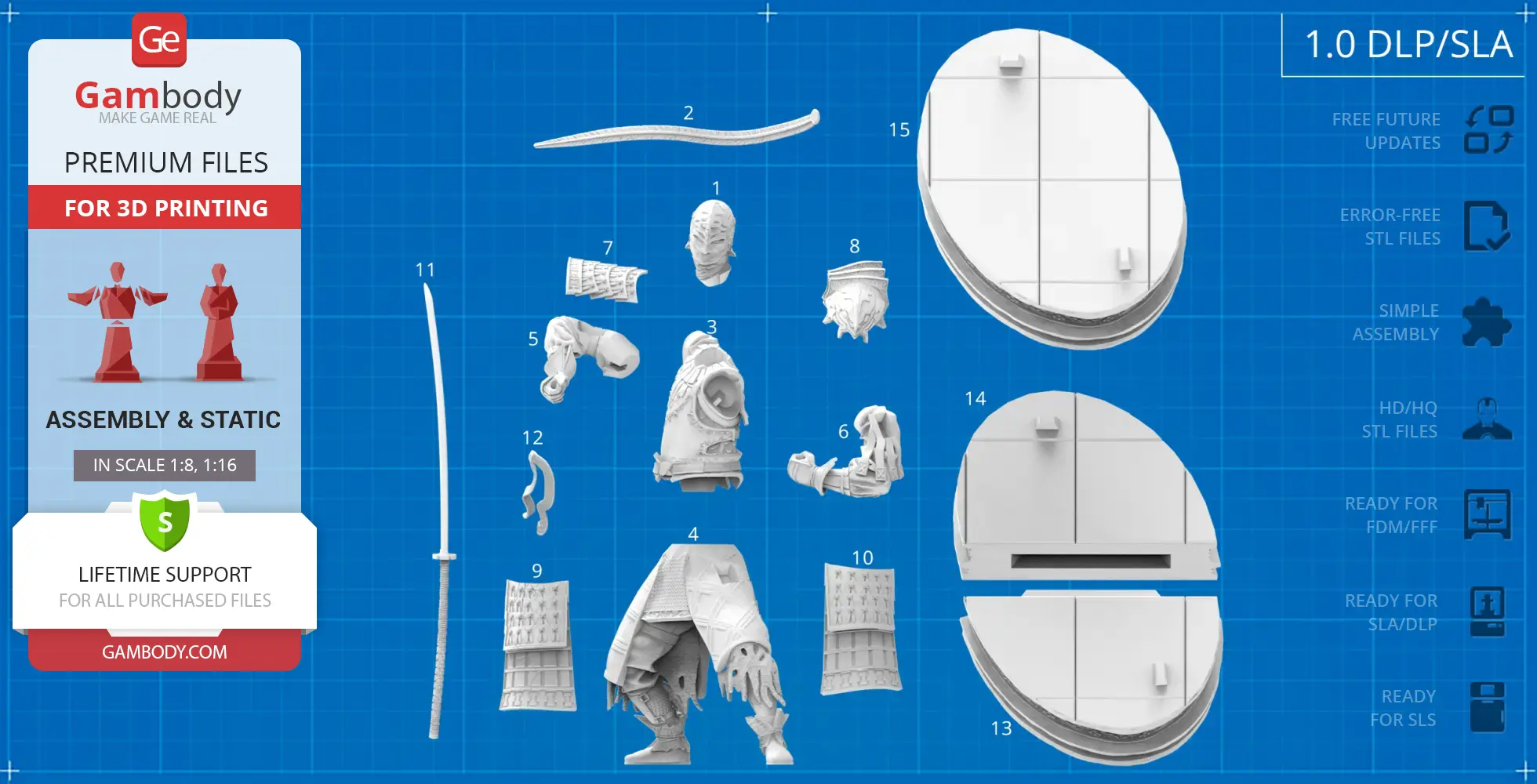 3D printable model parts of Sir Alonne, including armor and weapons, laid out for assembly on a blueprint.