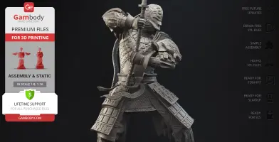 A detailed 3D model of an armored knight in a battle pose, holding a sword.