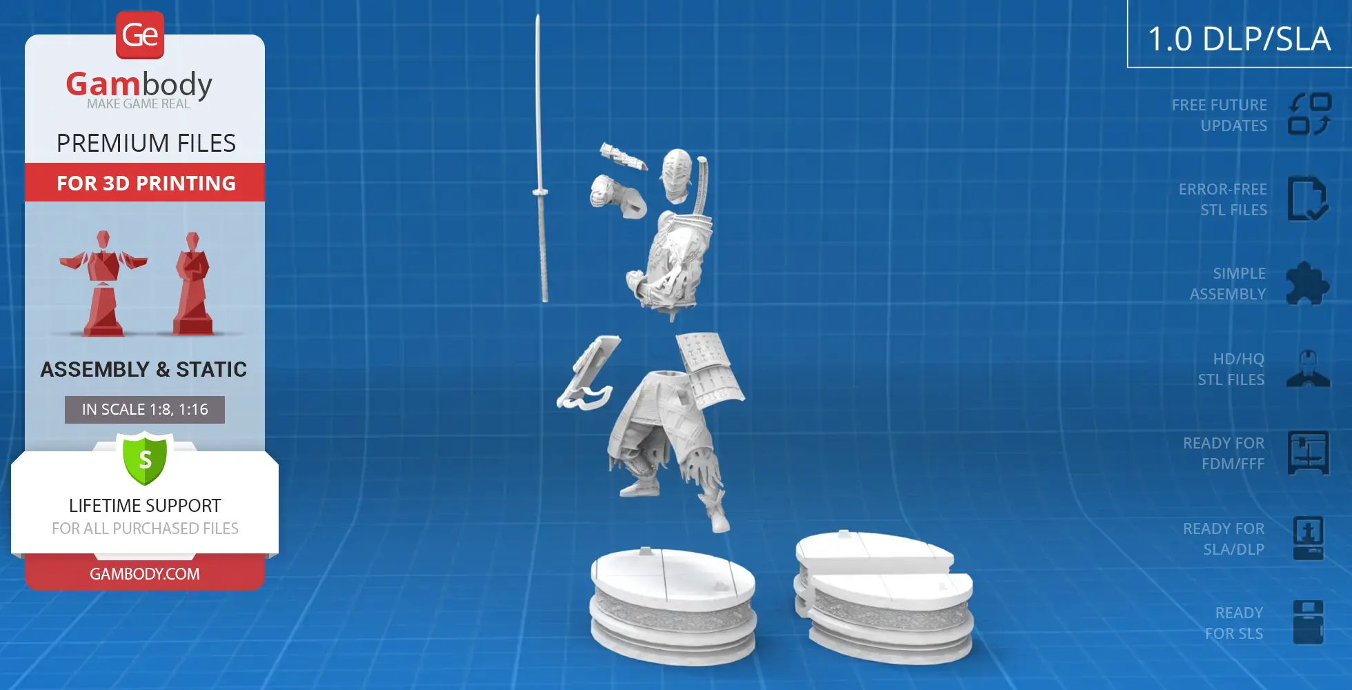 A detailed, unassembled 3D model of a samurai warrior with armor, sword, and stand on a blue grid background.