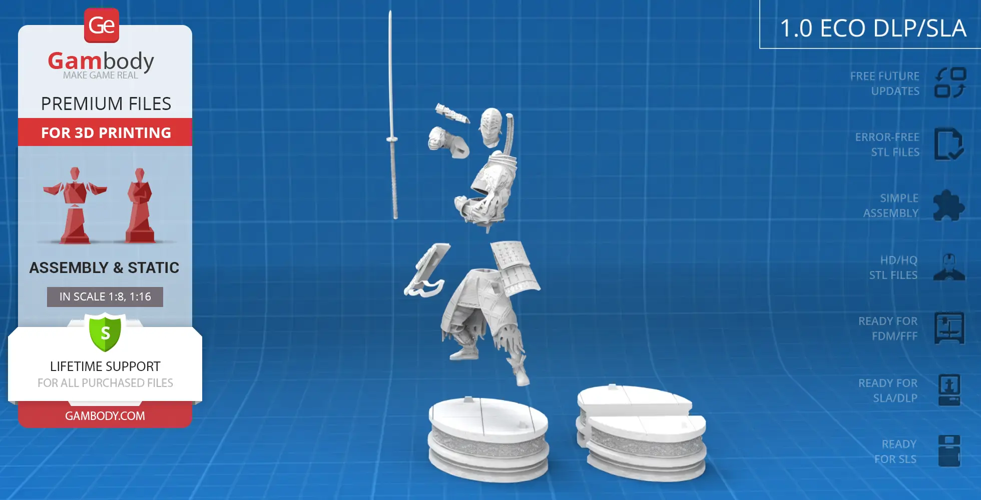 3D model pieces of Sir Alonne from Dark Souls, displayed for assembly on a blue grid background.