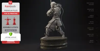 A detailed 3D model of a samurai in armor, posed dynamically on a round pedestal, ready for 3D printing.