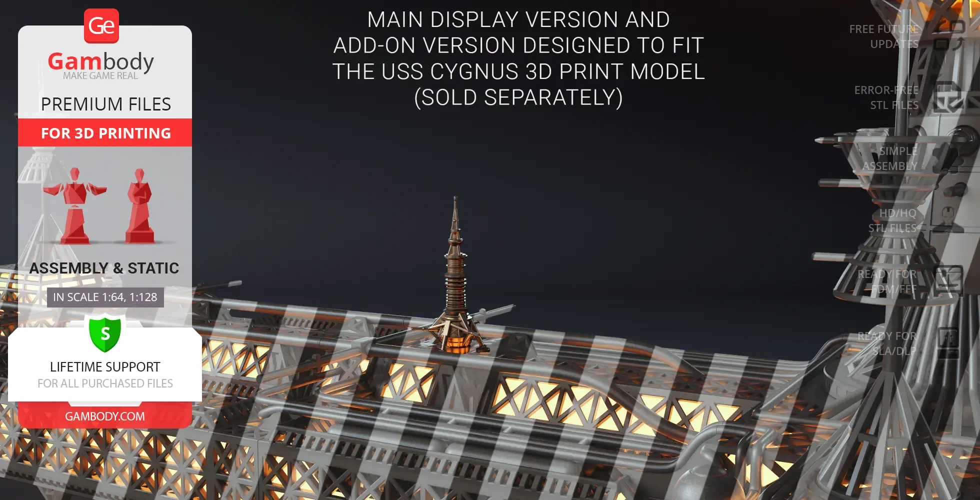 Intricate 3D model of USS Cygnus Probe Ship with geometric framework and central spire.