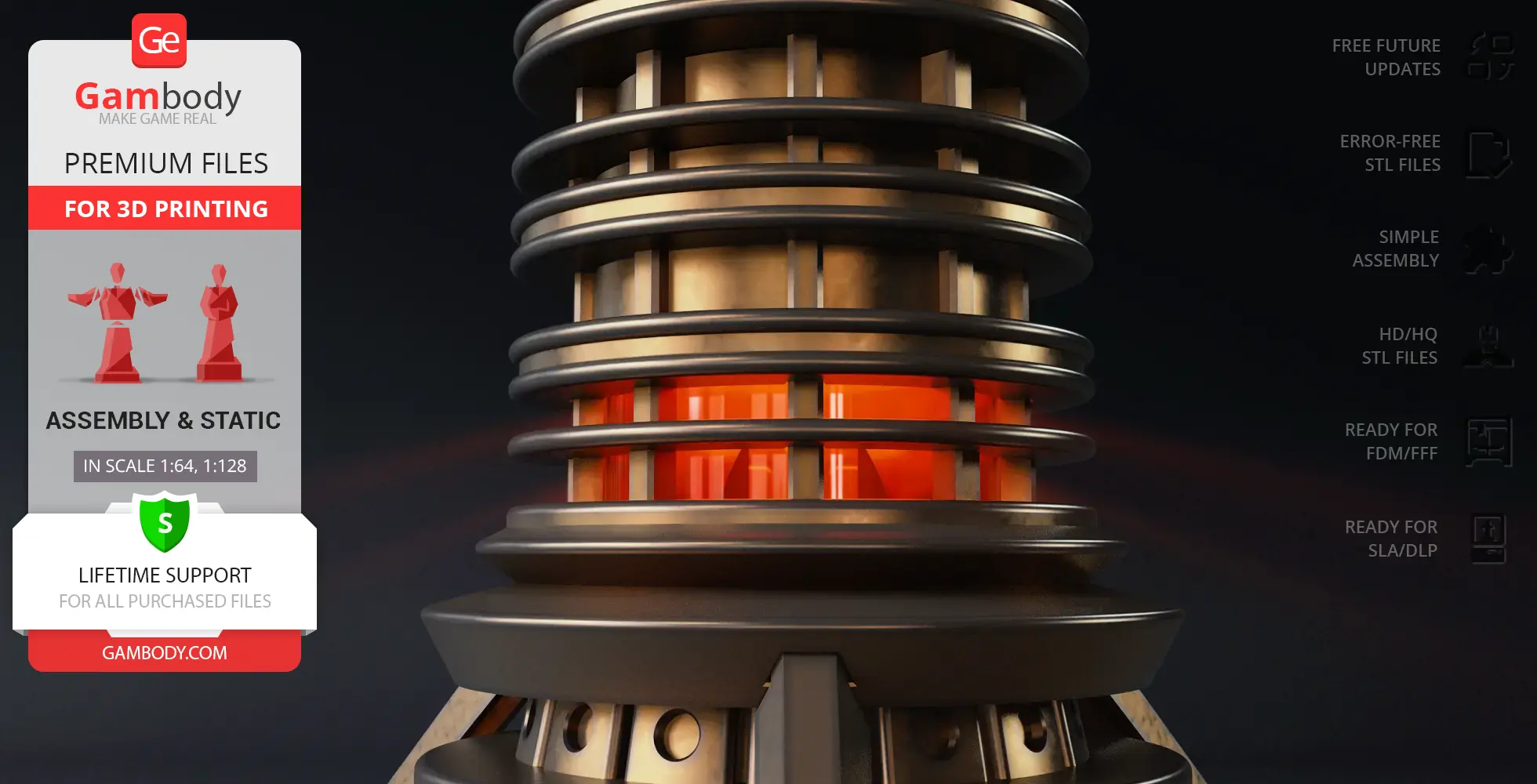 A detailed close-up of a futuristic cylindrical structure with glowing red accents.