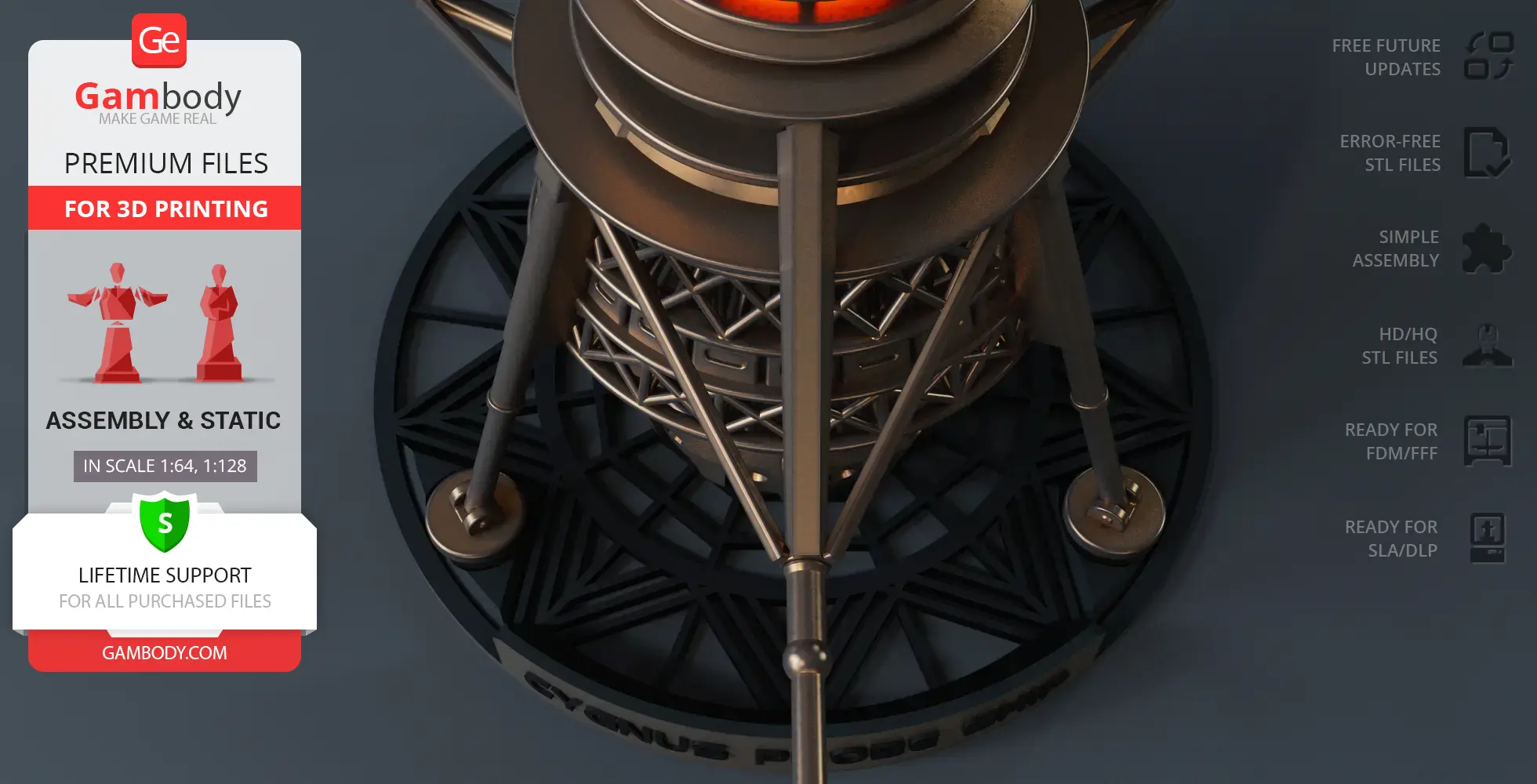 Futuristic probe ship model with intricate metallic framework, suitable for 3D printing.