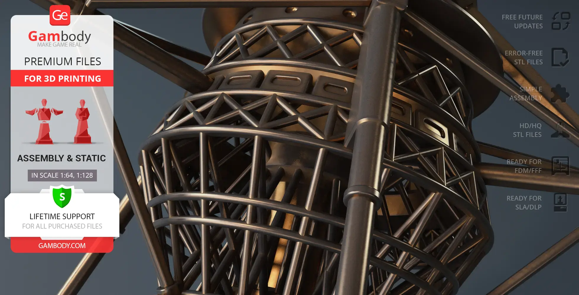 Detailed 3D model of a metallic, lattice-structured USS Cygnus Probe Ship for 3D printing.