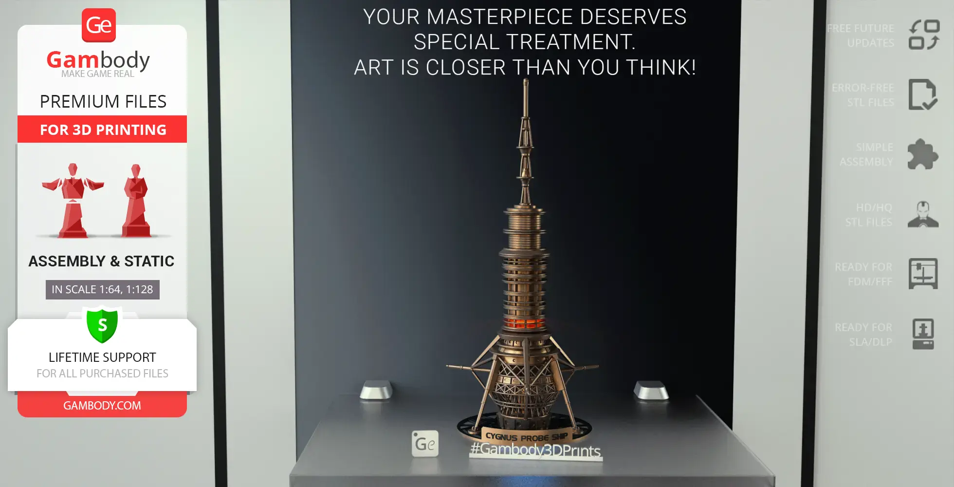 Futuristic tower-shaped probe ship model with intricate details, showcased on a platform.