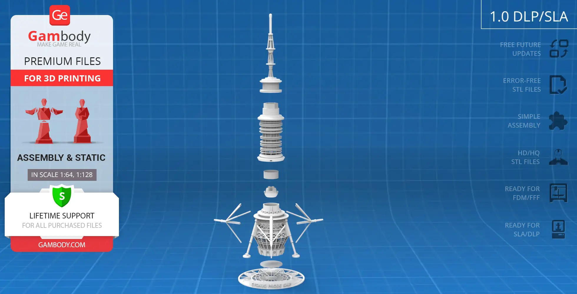 Exploded view of the USS Cygnus Probe Ship 3D model with assembly parts on blue grid background.