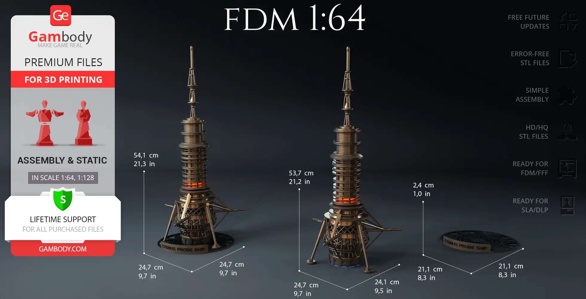 3D model of USS Cygnus Probe Ship, tall tower-like structure with intricate base, shown at 1:64 scale.