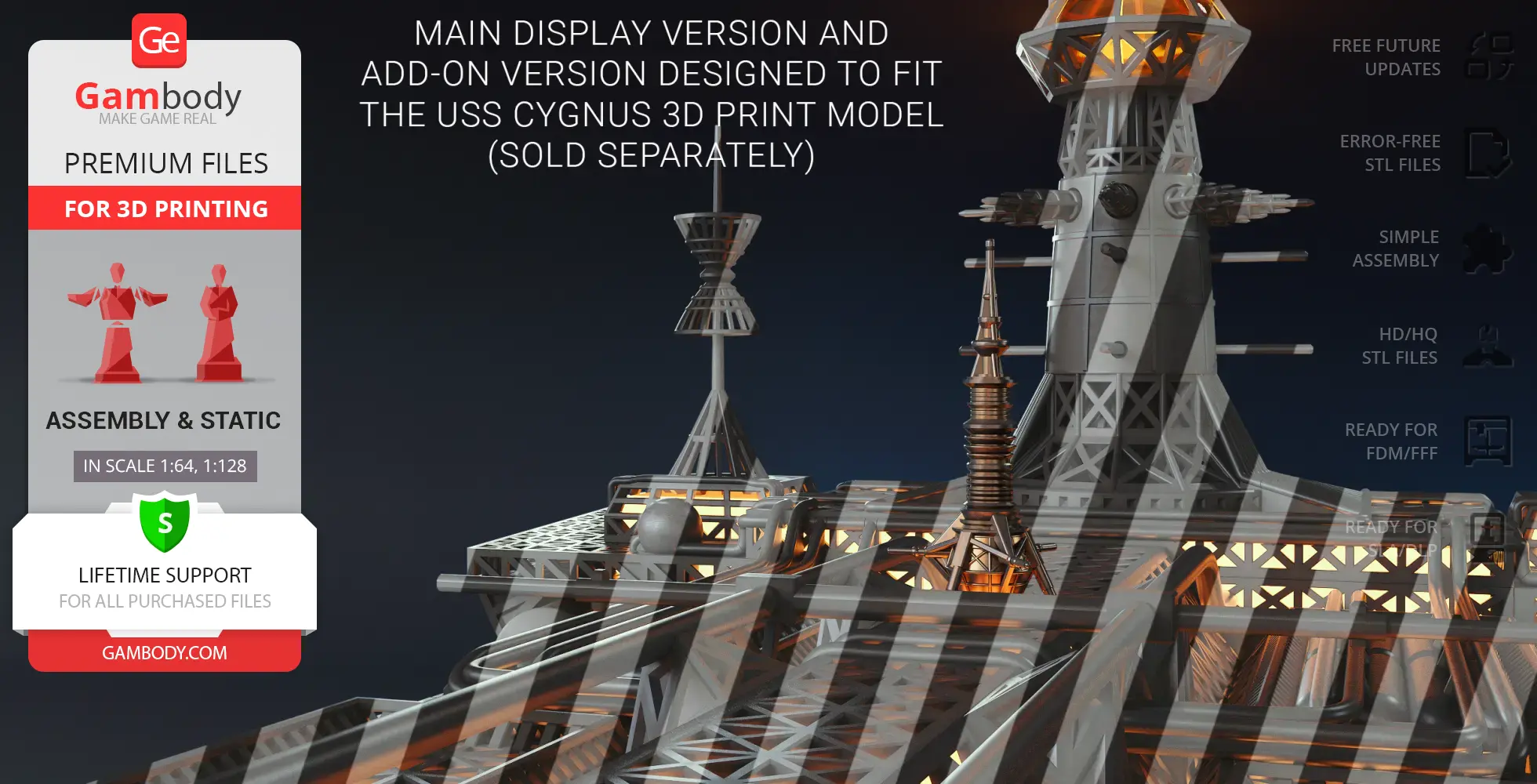 Detailed spaceship 3D model with towers and intricate structures, designed for 3D printing.