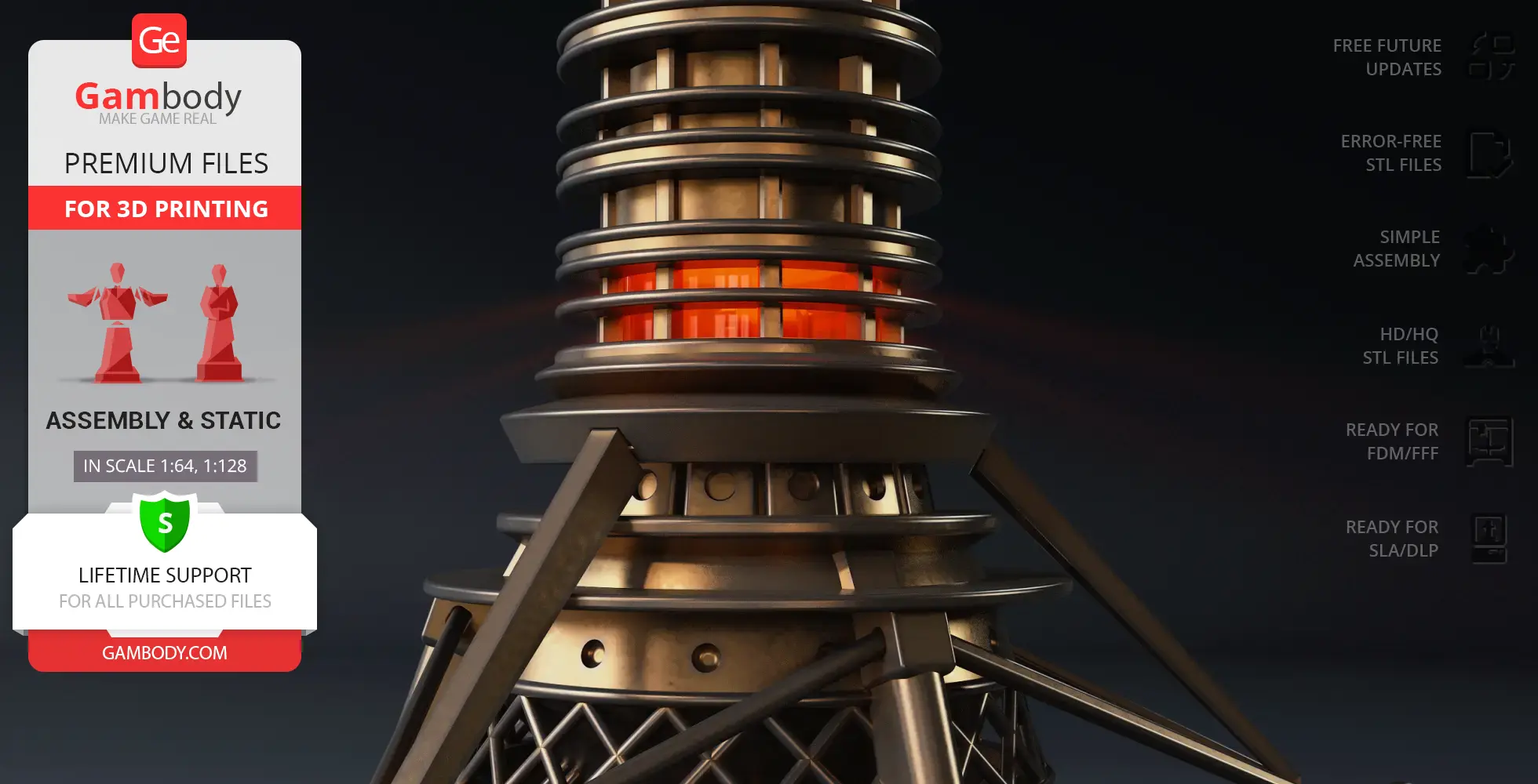 Metallic probe ship model with circular rings and orange core, suitable for 3D printing from Gambody.