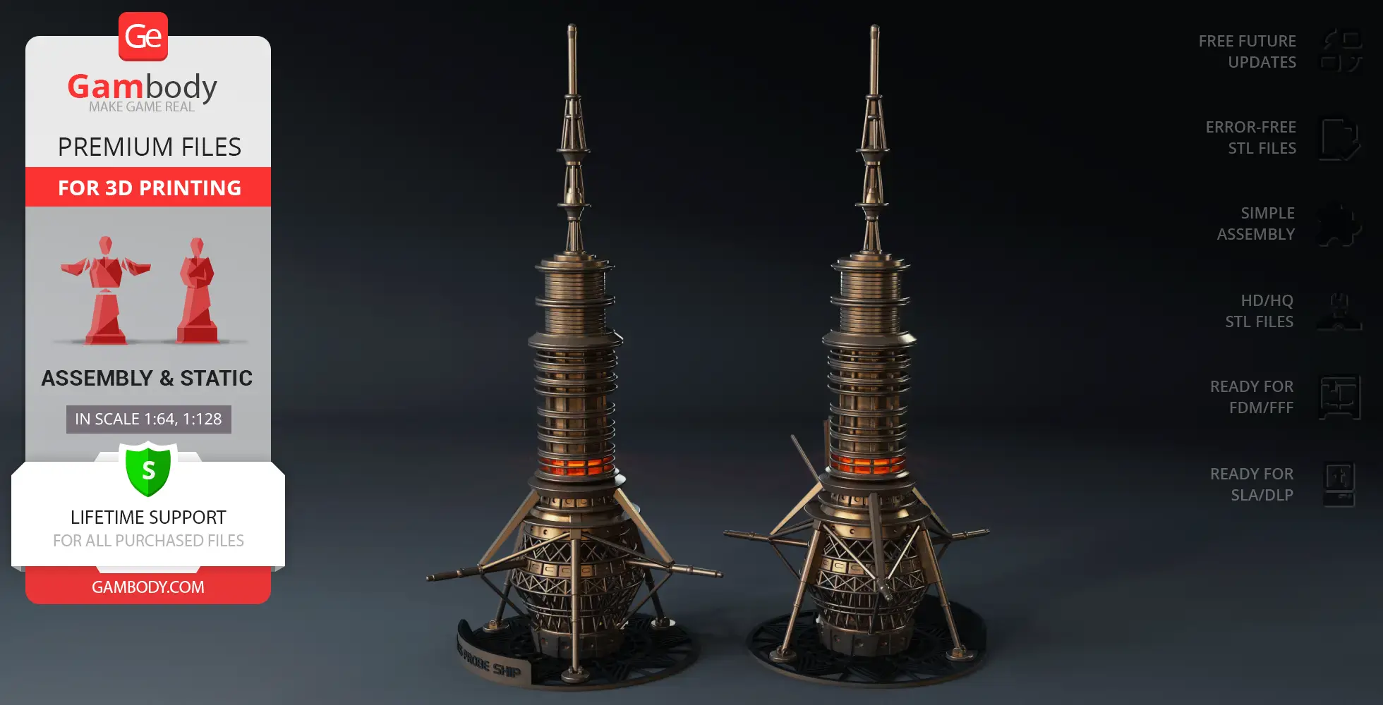 Two intricate 3D models of the USS Cygnus Probe Ship for printing, displayed side by side.