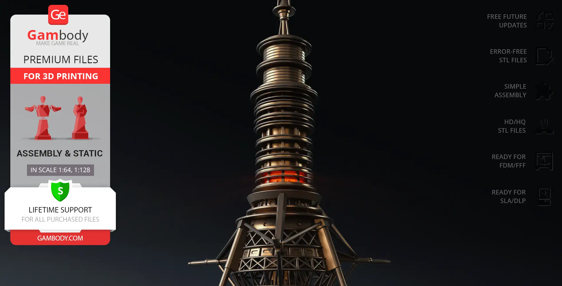 Futuristic probe ship model with detailed vertical structure and intricate design.