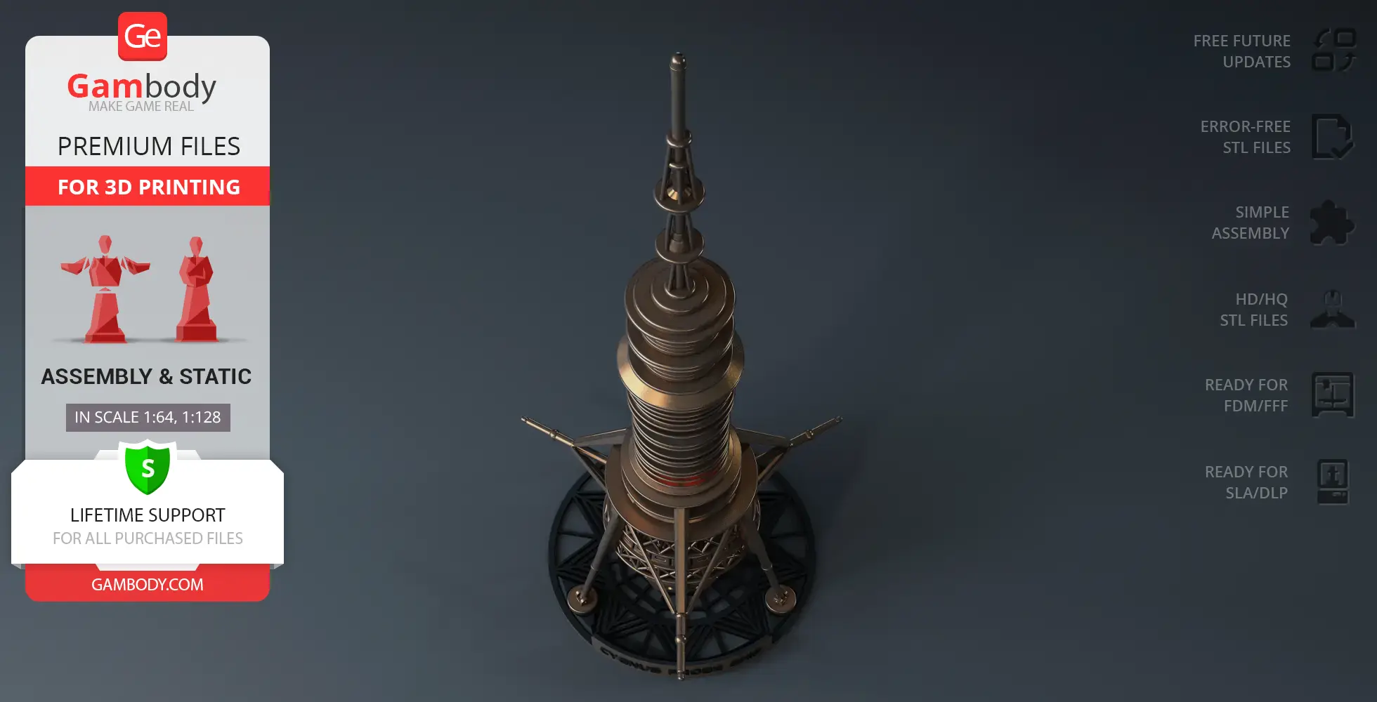 A detailed 3D model of the USS Cygnus Probe Ship with a tall, cylindrical design on a circular base.