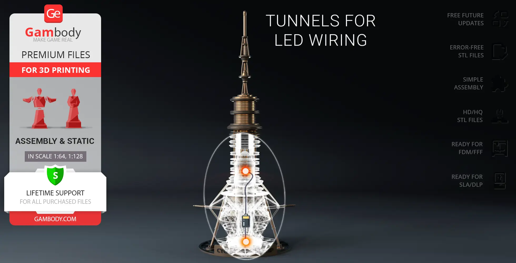 Detailed 3D model of USS Cygnus Probe Ship for printing, showing LED wiring tunnels.