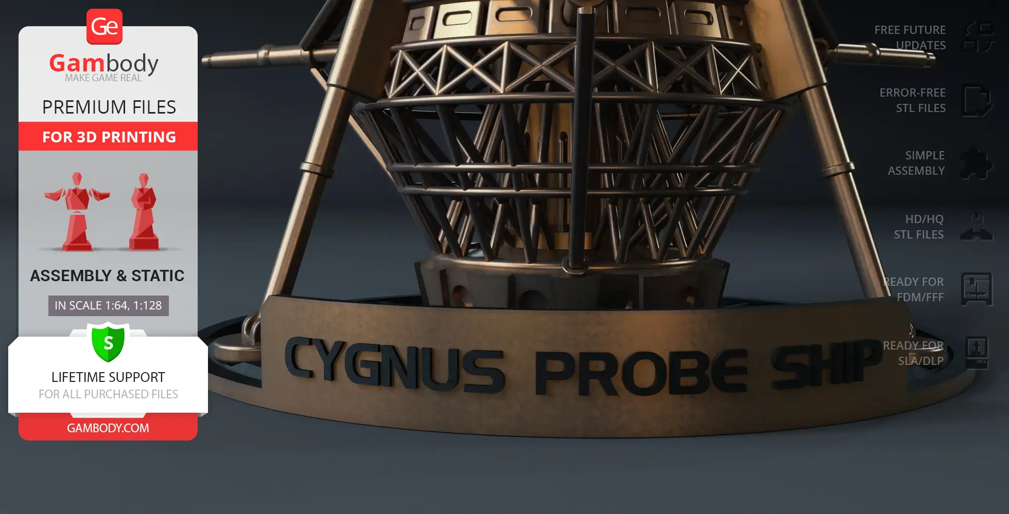 Detailed 3D model of the USS Cygnus Probe Ship with intricate lattice structures for printing.