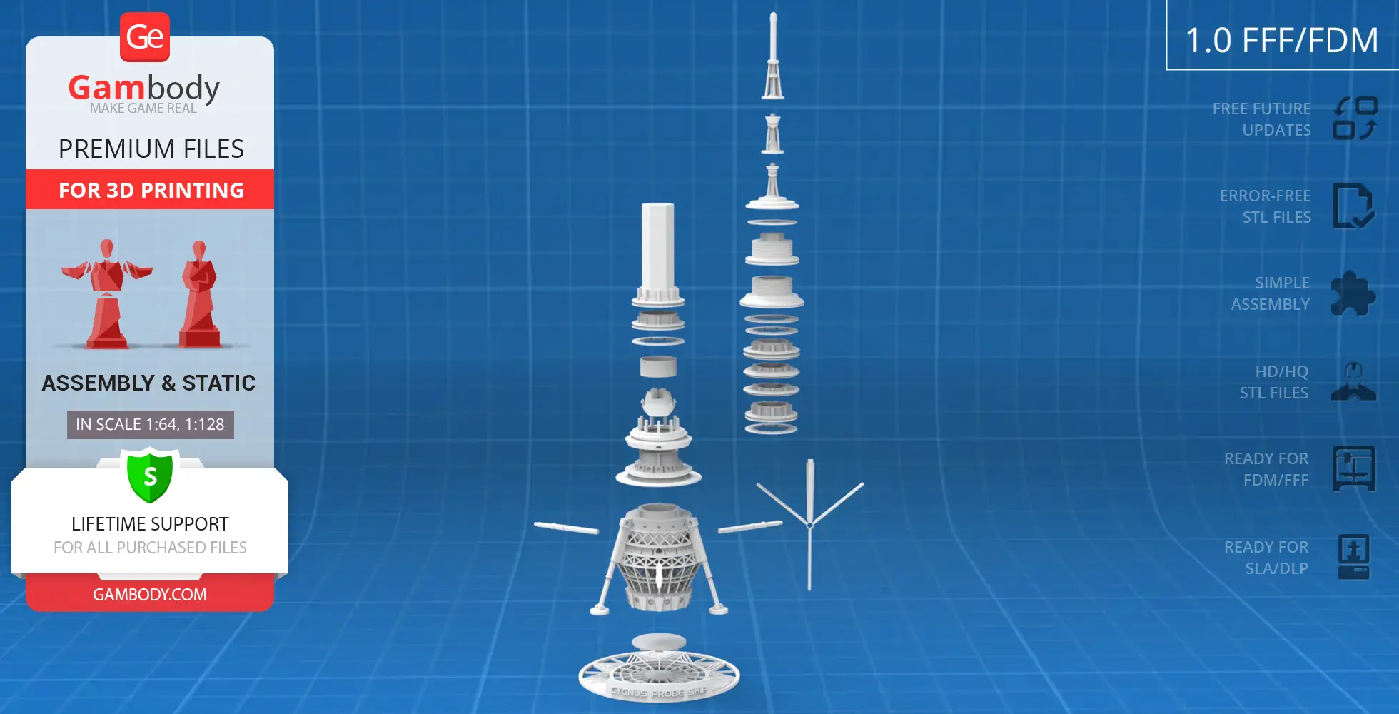 Exploded view of USS Cygnus Probe Ship model, showing assembly parts for 3D printing.