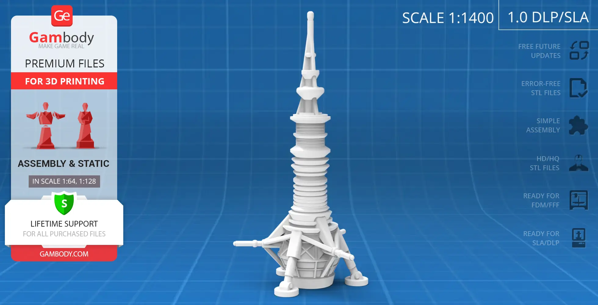 A detailed white 3D model of the USS Cygnus Probe Ship, displayed on a blue grid background.