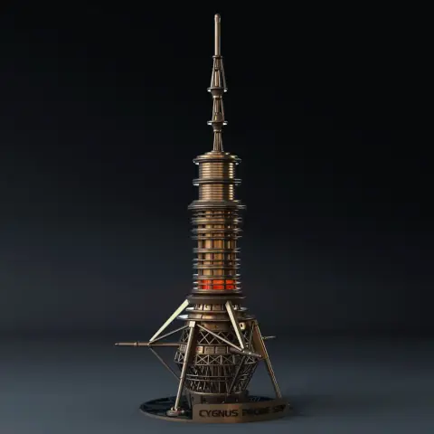 Futuristic probe ship with intricate metallic design and spire-like structure.