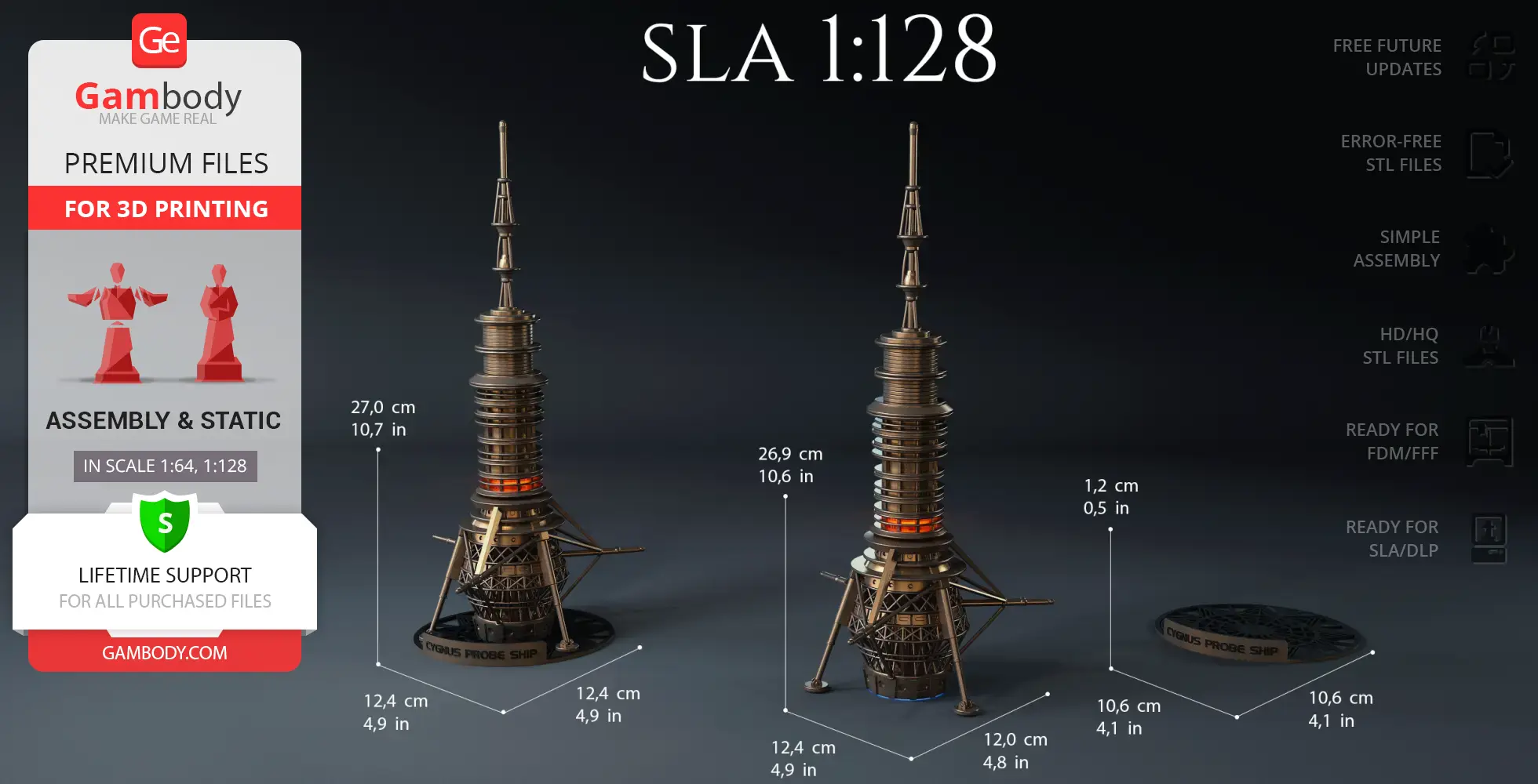 Intricate 3D model of USS Cygnus Probe Ship for printing, includes scale and dimensions.