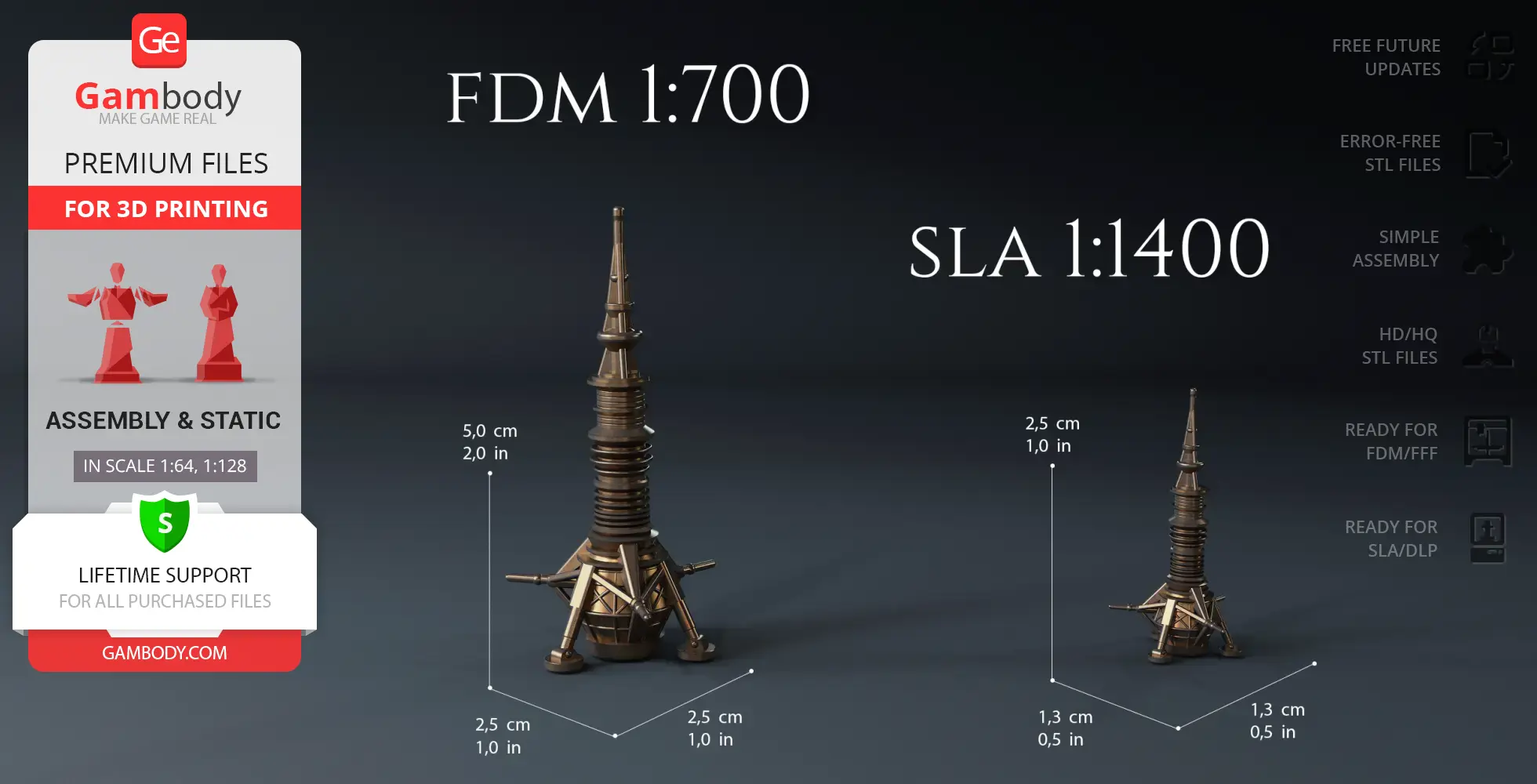 Detailed 3D model of USS Cygnus Probe Ship for FDM and SLA printing, shown in two scales with dimensions.