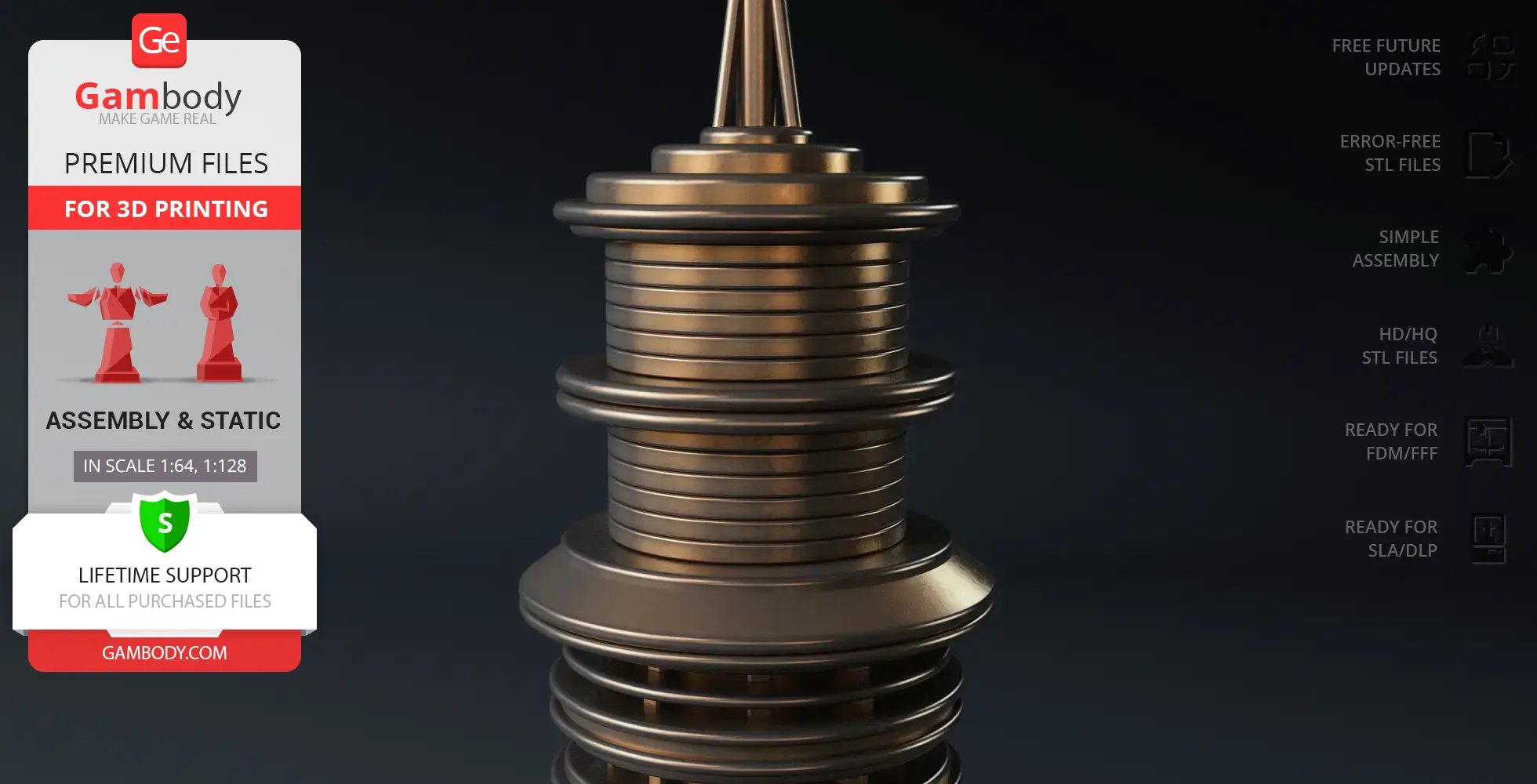 Bronze, cylindrical spaceship component with stacked, ribbed sections against a dark background.