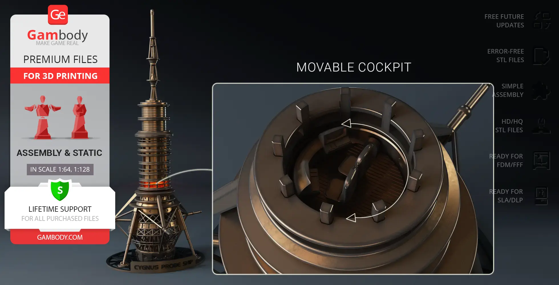 Tall, cylindrical 3D model of the USS Cygnus Probe Ship with a movable cockpit feature.