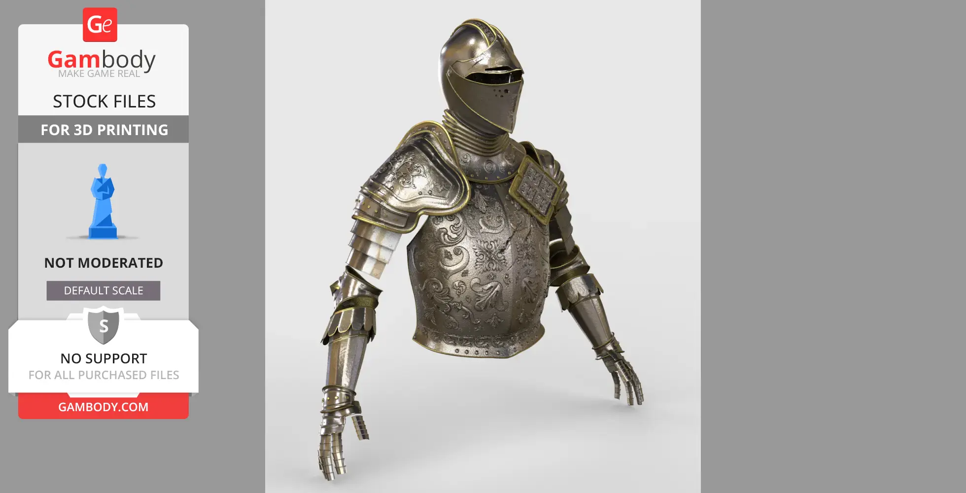 Medieval-style ornate cosplay armor with detailed engravings, including a helmet and gauntlets, for 3D printing.