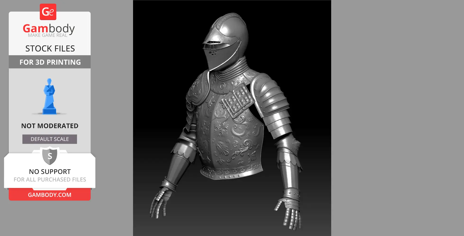 Medieval-style ornate armor with detailed helmet and gauntlets for 3D printing.