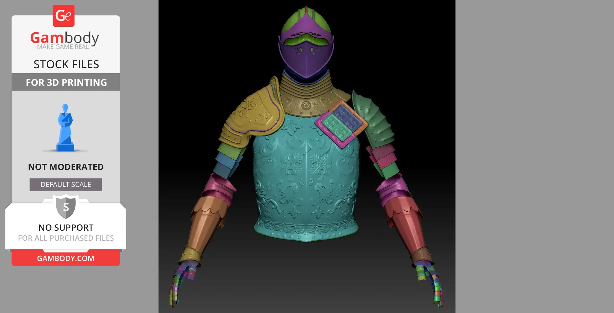 Colorful 3D model of detailed armor for cosplay, featuring helmet, chest plate, and arm guards.