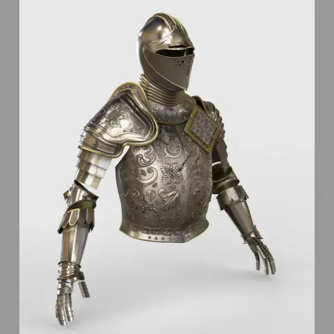Intricately detailed medieval-style armor with engraved patterns, designed for cosplay.