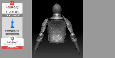 Ornate medieval armor with intricate patterns viewed from the back, ready for 3D printing.