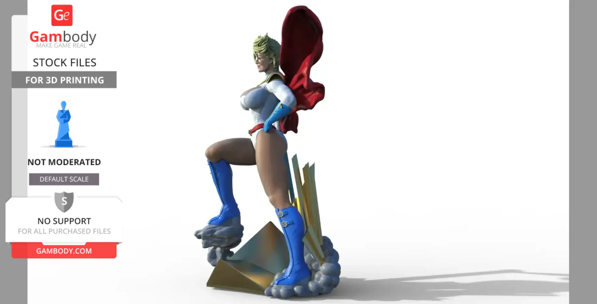 A superheroine in a white suit and red cape stands on clouds, one knee raised, with a confident pose.