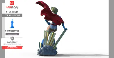 A superhero figure in a red cape stands on a rocky base with pillar formations, facing away.