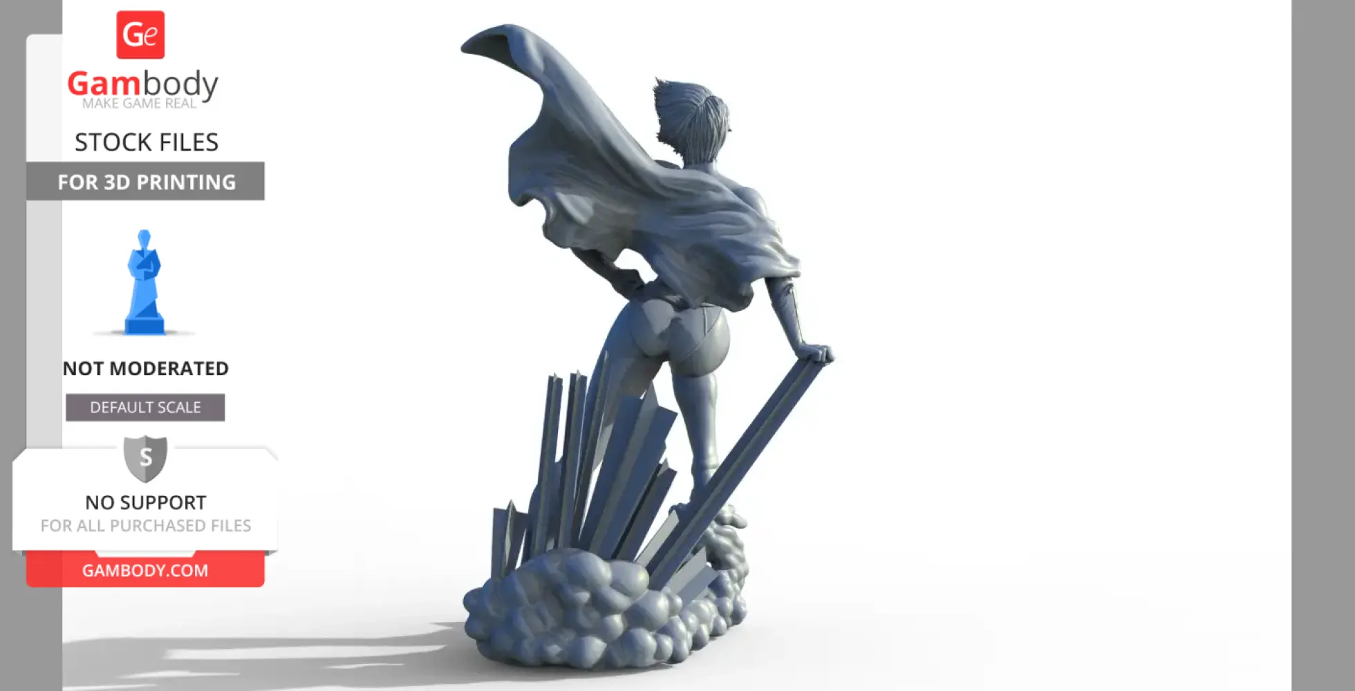 3D model of a superhero with a cape standing on a cloud with crystals, looking forward.