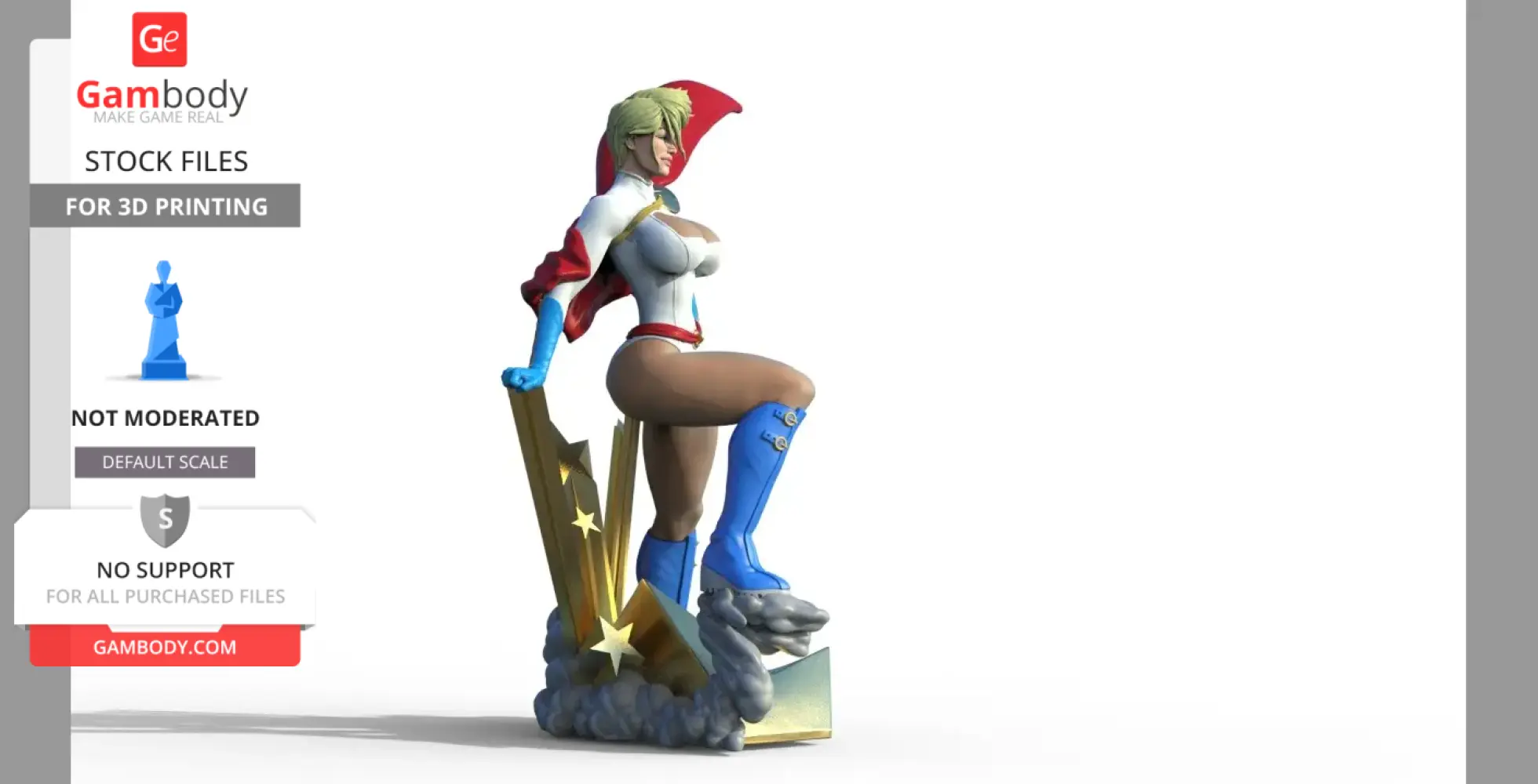 Female superhero in white and blue costume with red cape, sitting on a star-adorned base with clouds.