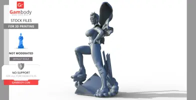 A 3D model of a superheroine in a dynamic pose, one knee raised, with a cape flowing behind.