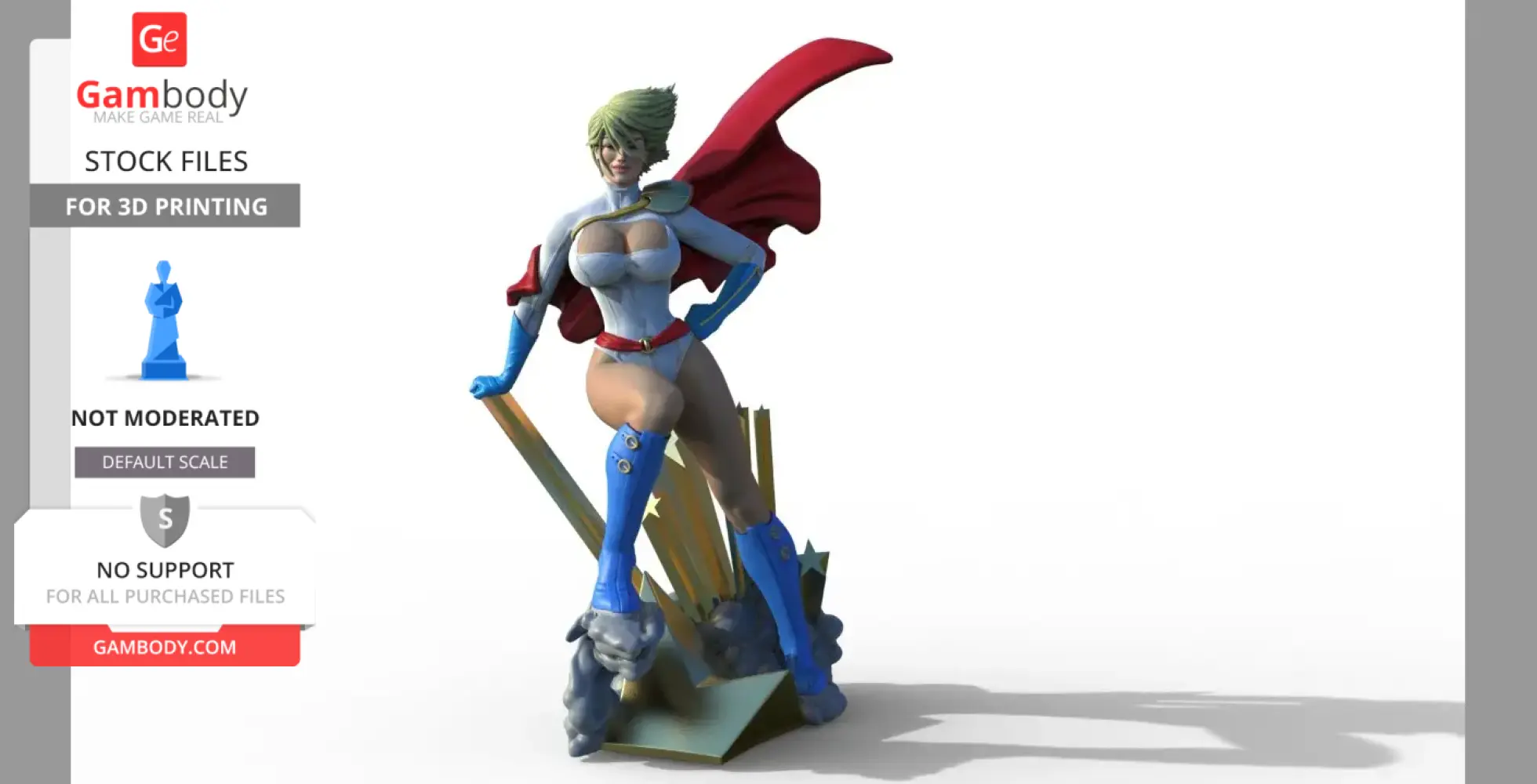 A 3D model of a superheroine in a white and blue costume with a red cape, standing on a stylized base.