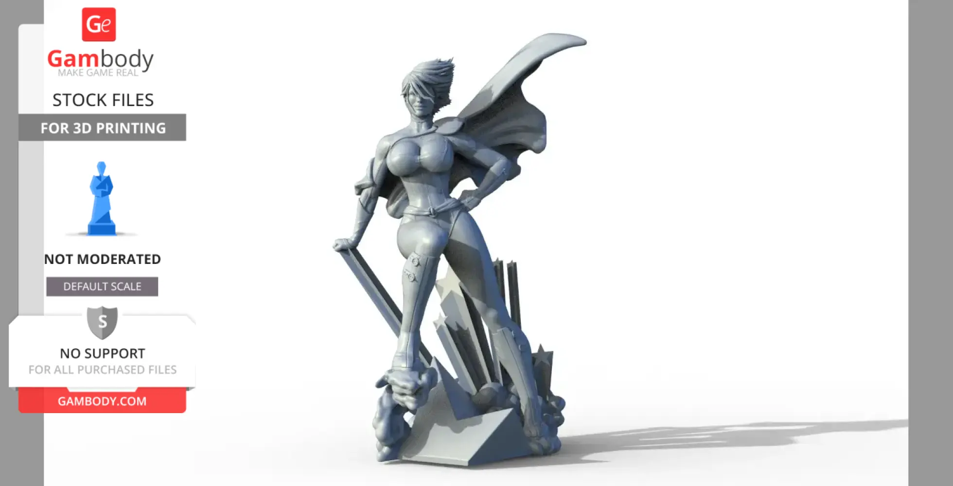 A superheroine in a dynamic pose, wearing a cape, standing on a stylized base for 3D printing.