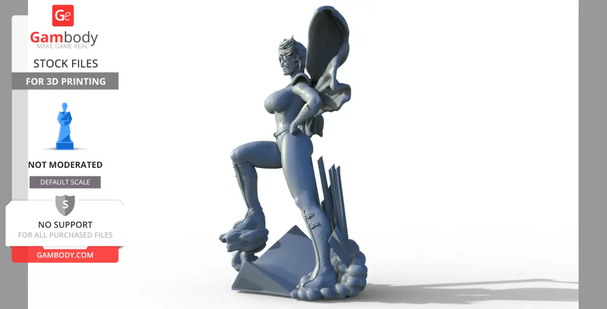 A 3D model of a superheroine in a dynamic pose, one knee raised, with a cape flowing behind.